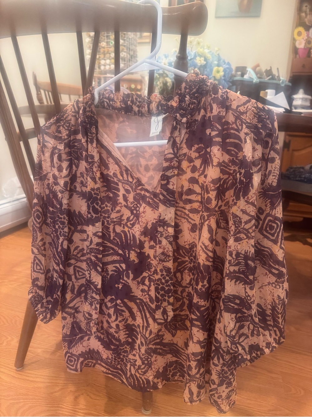 Joie Brown Blouse with Dark Purple Botanical Print